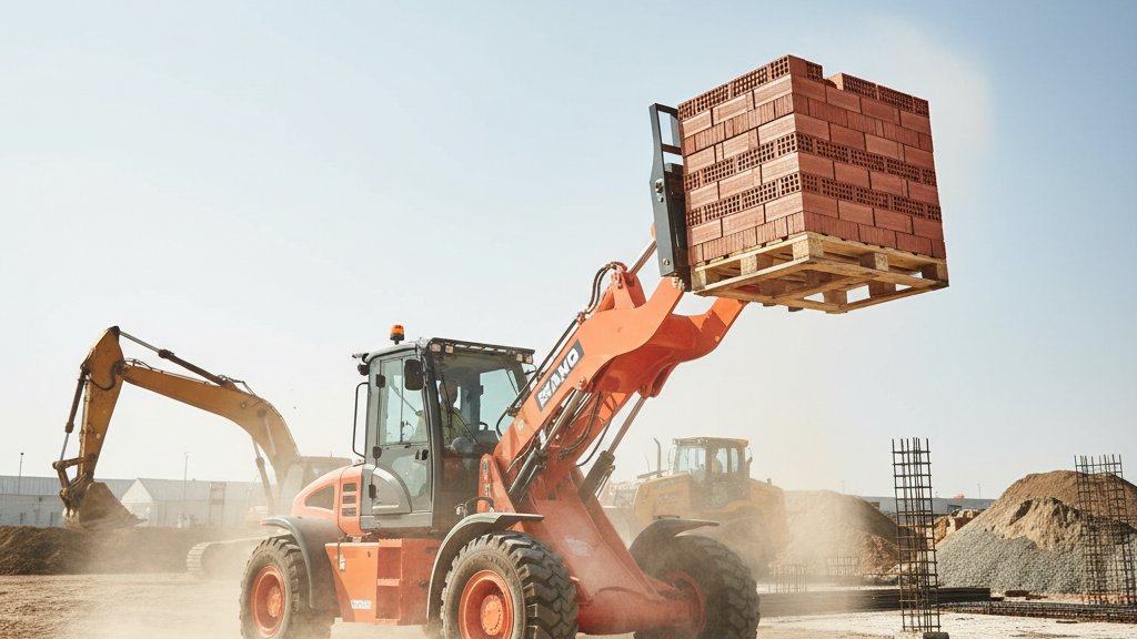 מלגזת שדה חזקה בצבע כתום, פועלת באתר בנייה מאובק, מרימה משטח של לבנים. הרקע כולל אדמה לא ישרה וציוד בנייה נוסף.