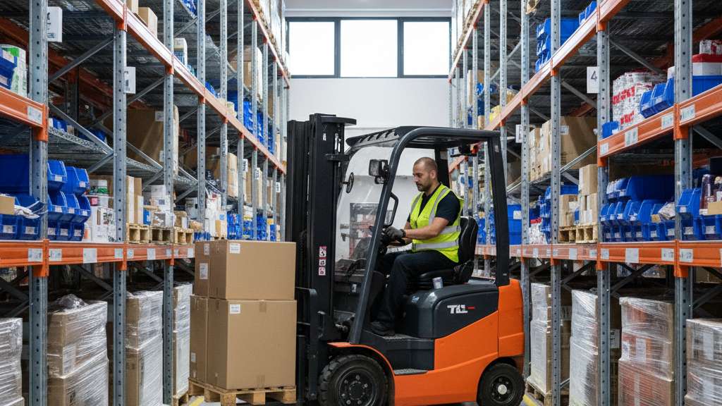 מלגזה חשמלית קטנה עם מפעיל במחסן צפוף, מעבירה ארגזים בין מדפים גבוהים. המלגזה בצבע כתום בהיר עם גלגלים שחורים, והמפעיל לובש אפוד זוהר.