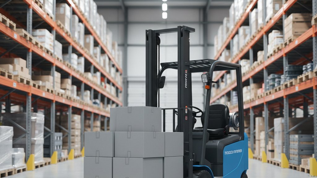 מלגזה חשמלית קטנה בצבע כחול, מרימה משטח עץ עם ארגזים אפורים במרכז לוגיסטי מודרני. הרקע מציג מדפים גבוהים ומוארים היטב עם סחורה מאורגנת.