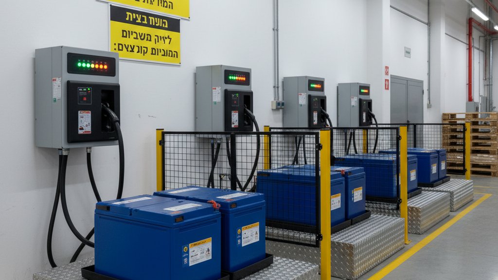 עמדת טעינה למלגזות במחסן, עם מספר מטענים מחוברים למצברים שונים. המקום נראה מסודר ונקי, עם שלטי אזהרה ברורים בנוגע לבטיחות. אורות חיווי על המטענים מראים את מצב הטעינה.
