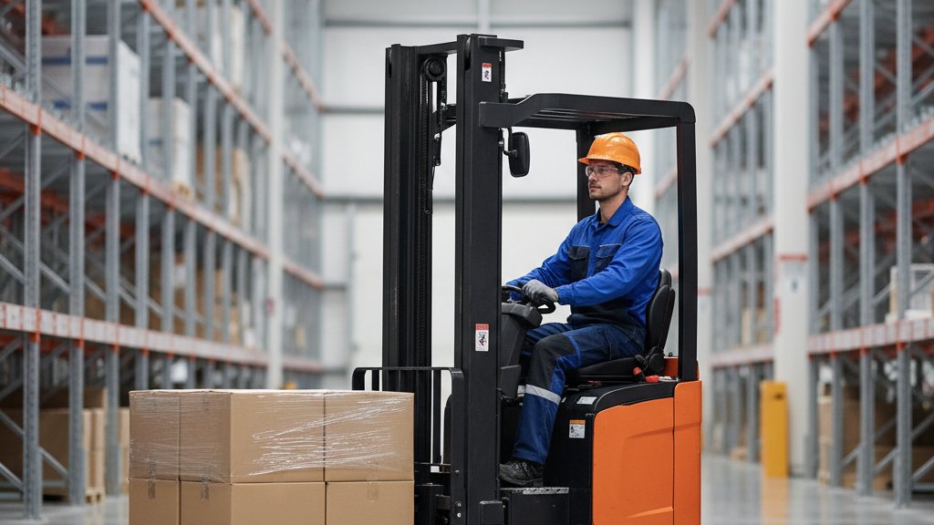 עובד מפעיל עגלת הרמה חשמלית במחסן מודרני, מזיז משטחים בצורה יעילה ובטוחה בין מדפים גבוהים. העגלה נראית יציבה וקלה לתמרון, והמפעיל נראה נינוח ובשליטה מלאה על הכלי.